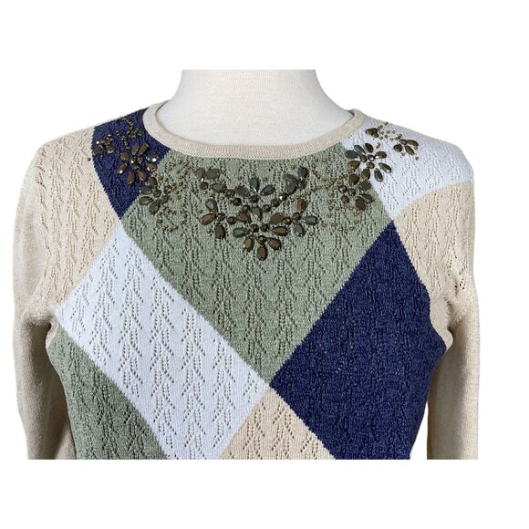 Alfred Dunner 3/4 Sleeve Scoop Neck Pointelle Knit Beaded Colorblock Sweater PM - Picture 2 of 7